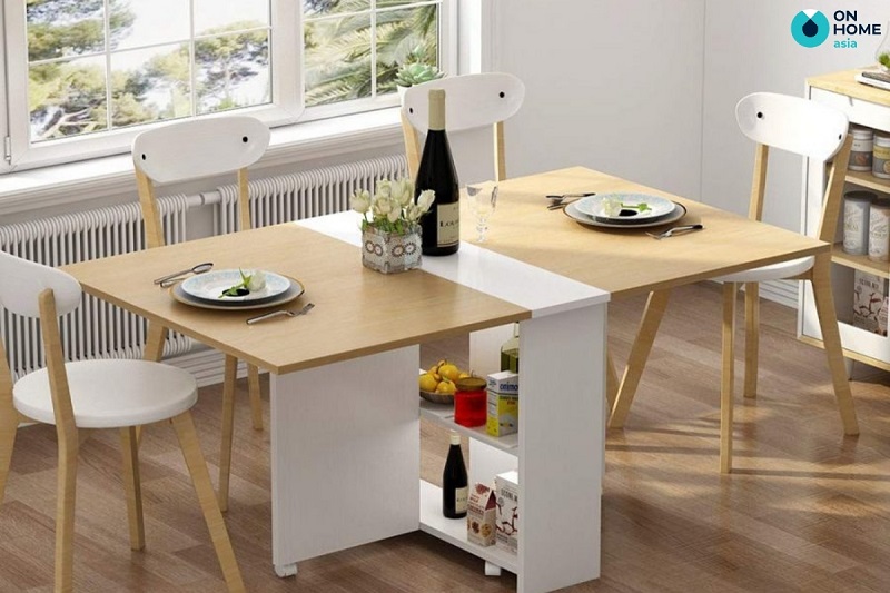 Mẫu nhà bếp chung cư sử dụng bàn ăn thông minh tích hợp ngăn lưu trữ